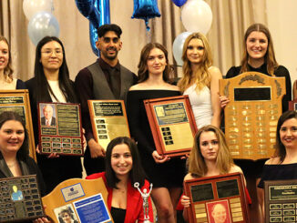 Athletic Therapy Students showing off their awards at the Mississauga Grand banquet hall on March 31st 2023. Top row from left to right: Jessica Sluys, Meggie Lesage, Christopher Singh, Taylor Beausoleil, Maxine DeCiantis, Callista Tsangarakis and Ariel Barook. Bottom row from left to right: Jamie Van Goozen, Rosalina Lombardi, Bridget Chiasson and Samantha Raymond.