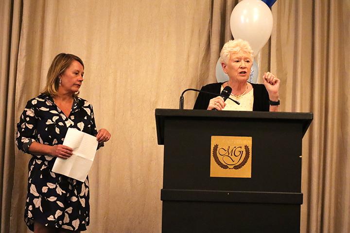 Professor Kirsty McKenzie (L) and Anne Hartley (R) presenting the Anne Hartley Award of Excellence in Athletic Therapy at the Mississauga Grand banquet hall on March 31st 2023. 
